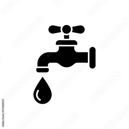 Water Conservation Tap with Dripping Water Drop Black Vector Illustration