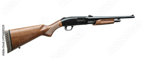 A classic pump-action shotgun with a long barrel and wood stock, isolated on a white back