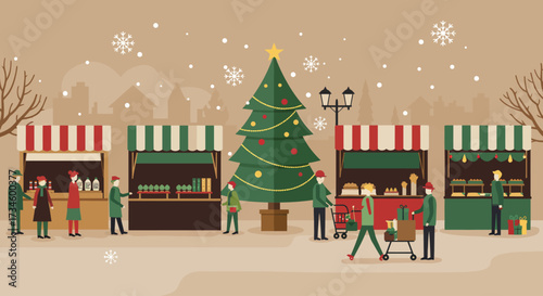 An inviting Flat Design banner illustration capturing a bustling Christmas market festival scene with stylized stalls and a festive tree. 