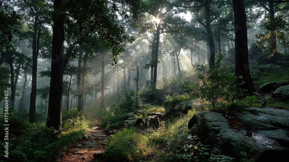 Fototapeta premium Sun rays shining through green forest after morning rain