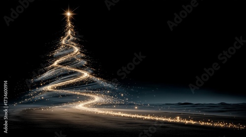 Abstract golden particles forming a glowing Christmas tree and a glittering path against a dark background