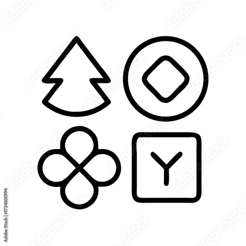 Four simple geometric icons representing nature technology and abstract shapes
