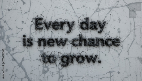 The quote every day is new chance to grow presented in a distressed, graffitilike font with splatters and drips on a light, textured background