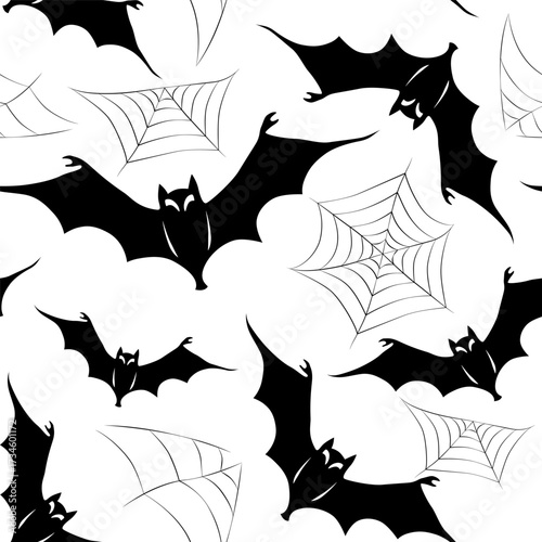 Halloween themed vector illustration. Silhouette black bat with web. Seamless pattern design on the white background. Night pattern. Halloween black and white print. Design for paper, textile, decor.