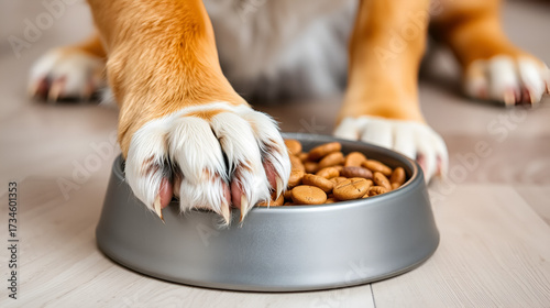 A dog's paw rests on a bowl of kibble, showcasing its eagerness for mealtime.