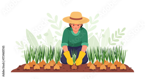 A cheerful gardener tends to her onion patch with care and dedication illustrating farm to table