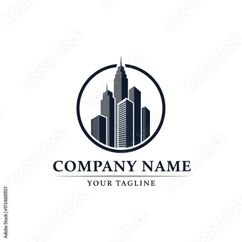 Modern city skyline logo with skyscrapers inside a circular frame for a company.
