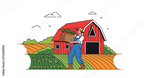 A farmer carries a crate of freshly harvested carrots in a rural agricultural setting with a barn