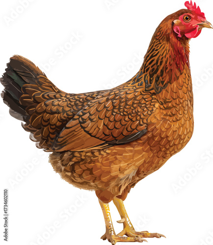 A brown hen with a red comb and yellow legs standing in profile on a white background.