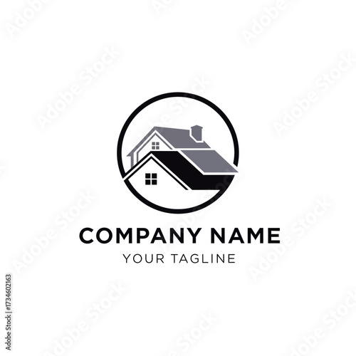Modern real estate logo design featuring a house silhouette within a circle, with space for company name and tagline.