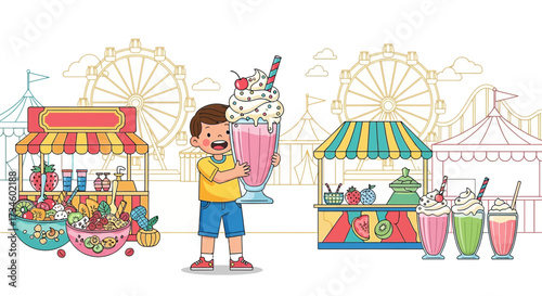 A joyful day at the fair: A child's delight with a colossal milkshake and vibrant treats colorful
