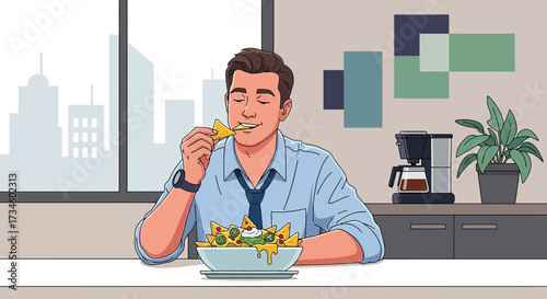 A relaxed office worker enjoys a bowl of nachos during a break at his desk with a city view