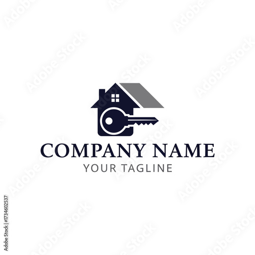 Real estate logo template featuring a house icon combined with a key, symbolizing home ownership and property access.