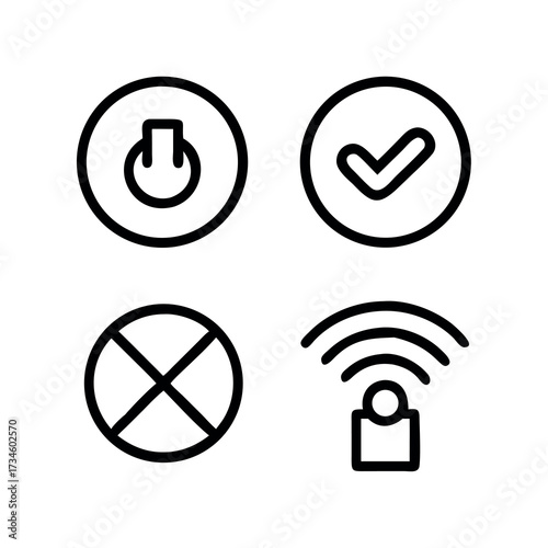 Set of four circular icons featuring power checkmark cross and wi fi symbols