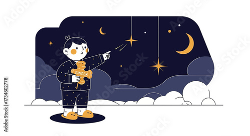 Adorable boy in pajamas points to stars in night sky holding a gingerbread man