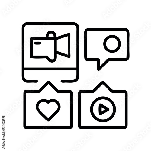 Digital media icons representing video content sharing and social interaction