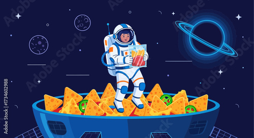 Astronaut enjoying a cosmic snack adventure in a giant bowl of delicious nachos