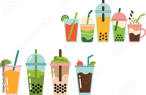 A collection of various refreshing drinks, including several bubble teas and other cold beverages with straws, are arranged in a colorful, flat illustrative style. 