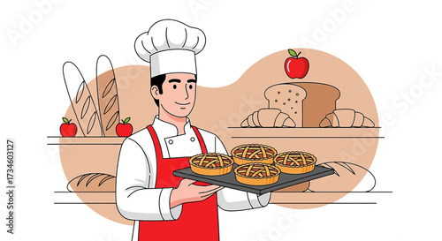 Baker presenting fresh pies with a bakery shelf in the background showcases culinary expertise and