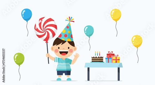 Cartoon Boy Celebrating Birthday with Balloons Cake and Gift Boxes Illustration