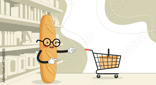 Cartoon baguette character indicating shopping cart in a supermarket aisle scene