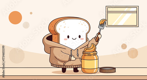 Cartoon bread character spreading peanut butter embodies whimsical kitchen snack time