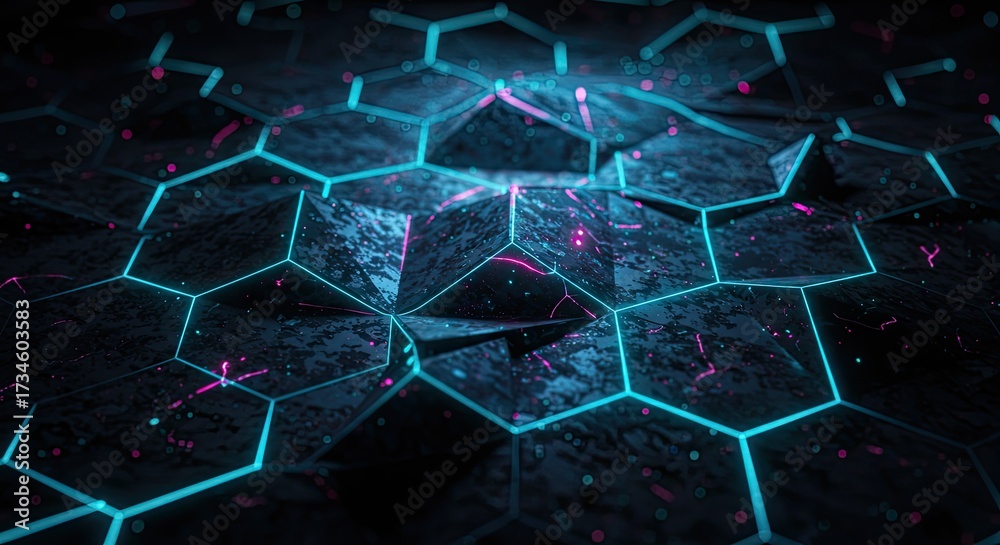 Obraz premium Futuristic geometric pattern holographic projections glowing lines dark ambient light. 