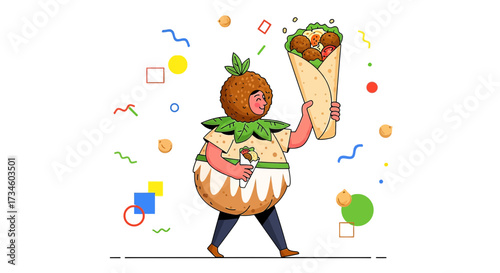 Cartoon character dressed as a falafel promoting a falafel wrap with a playful background