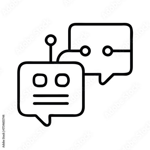 Simple line art icon of a robot chatting with a speech bubble