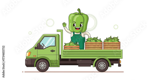 Cartoon Green Pepper Character Delivering Fresh Produce in a Green Truck Illustration