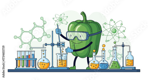 Cartoon green pepper scientist conducting experiment in laboratory with glassware and chemical