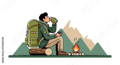 Cartoon hiker enjoying refreshment near campfire in scenic mountain landscape vector illustration