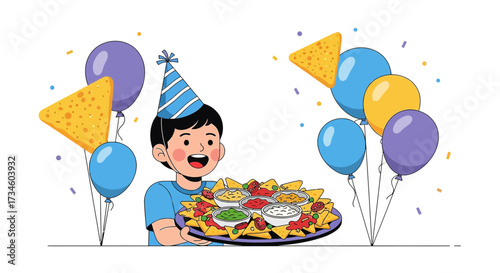 Cartoon illustration of a birthday party with a boy holding nachos and colorful balloons