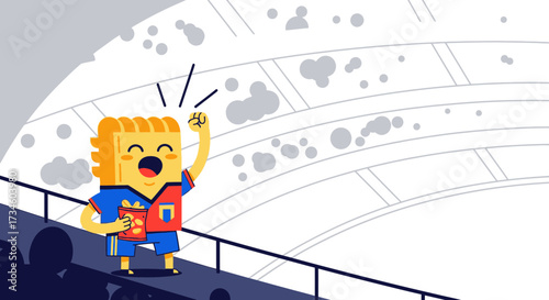 Cartoon illustration of a cheering fan at a stadium full of spectators cheering