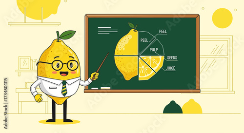 Cartoon lemon teacher explaining lemon anatomy on chalkboard in classroom illustration