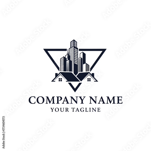Modern real estate and construction company logo featuring city skyline and house roofs within a triangle design.