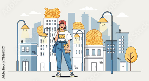 Cartoon woman enjoys potato chips with architectural food wonderland cityscape background
