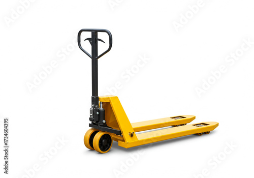 Bright yellow pallet jack essential for efficient warehouse logistics and material handling, streamlining operations with its robust design and functionality.