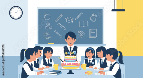 Celebrating Teacher's Day with Students in a Cheerful Classroom Setting Illustration