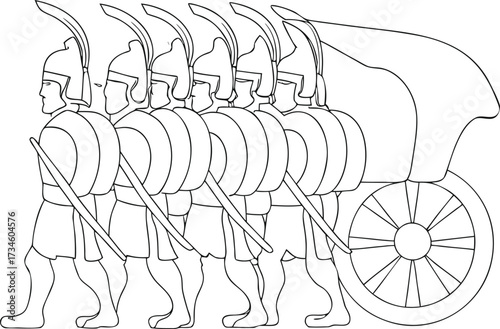 Hand drawn sketch of ancient army with cart . transparent background, vector illustration. one line art.