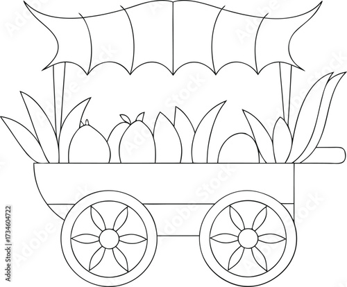 Bullock cart transporting market goods. transparent background, vector illustration. one line art.