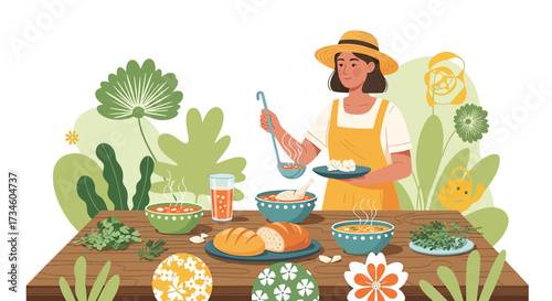 Charming depiction of a woman serving soup in a garden setting amidst nature's beauty