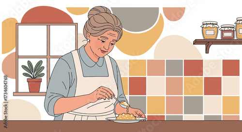 Charming vector illustration of a grandmother preparing a delightful dessert in her cozy kitchen