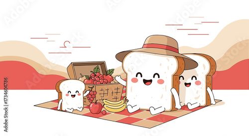 Cheerful bread family enjoying a picnic with fresh fruits and a delightful view in the sunshine