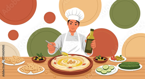 Chef preparing a traditional hummus dish with olive oil and fresh ingredients vector illustration