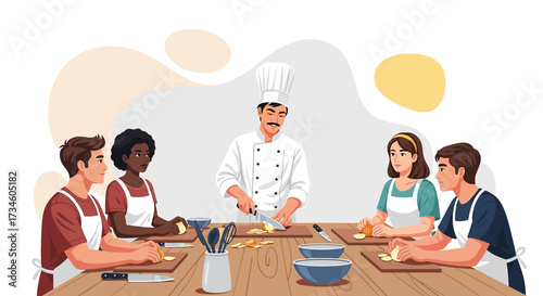 Cooking class led by a chef demonstrating vegetable cutting skills for diverse students