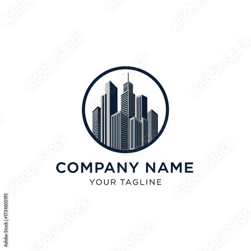 A logo featuring a modern city skyline with tall buildings and skyscrapers enclosed in a dark blue circular frame, representing urban development and real estate.