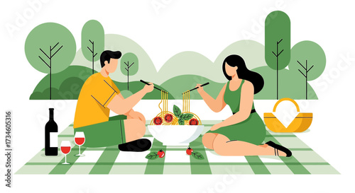 Couple enjoys a romantic picnic with spaghetti and wine in a serene park setting