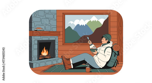 Cozy cabin retreat: A traveler enjoys a peaceful moment by the fireplace with snowy mountain view