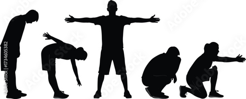 Silhouette sequence of man stretching, squatting, lunging, and standing in fitness poses for exercise, workout, wellness, and posture training